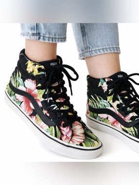 VANS Sk8-Hi Tropical Floral Black High Top Canvas Sneakers Women 7 Men 5.5